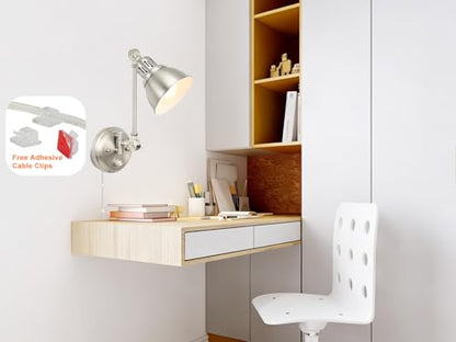 GOODATE 1 Pack Plug in Wall Sconce with Remote Control, Dimming, Adjustable Colors 2700K-6500K, Plug in Wall Light, Swing Arm Wall Lamp with Night Light & Timer, LED Bulb Included, Brushed Nickel - size: Brushed Nickel-1 PACK(Bulb+Remote)