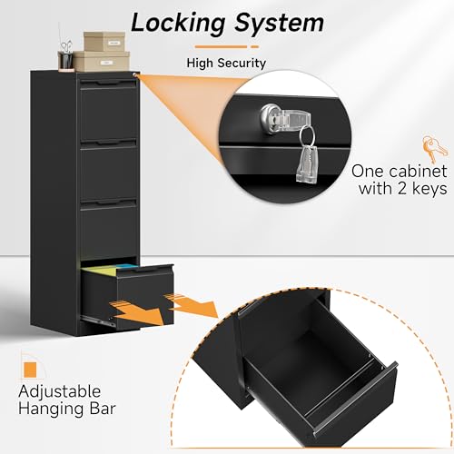 Bestoo File Cabinet, 4 Drawer Filing Cabinet with Lock, Metal File Cabinet - color: Black, size: 4Drawer-Vertical-50"H