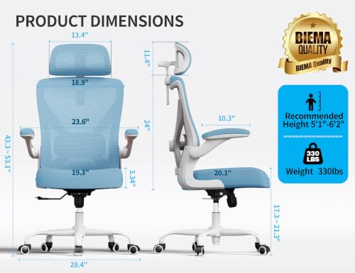 Ergonomic Office Chair: Mesh Desk Chair Comfy with Headrest& Lumbar Support | Ergalithic Big and Tall Office Chairs with Wheels & Flip-Up Arms-Computer Gaming Chairs for Adults Home Office Chairs(Blue) - color: Sky Blue, size: Pack of 1