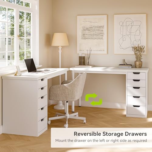 LITTLE TREE Computer Desk with 5 Drawers, 47 Inch White Modern Simple Study Writing Desk with Metal Frame, Work Desk for Home Office - color: White