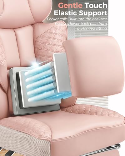 COMHOMA Big and Tall Office Chair Heavy Duty Gaming Chair with Deluxe Embossing Leather High Back Wider Ergonomic Computer Chair with Foot Rest 145°Reclining Pocket Spring Lumbar Support - color: Rose Pink
