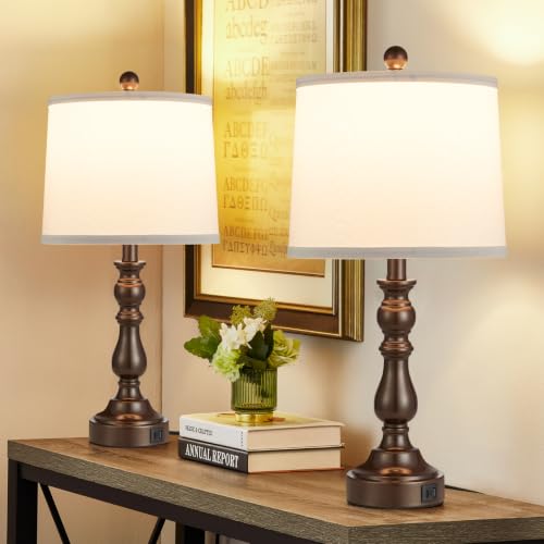 Brown Table Lamps Set of 2, Brown Lamps for Bedroom, USB C+A Ports - color: G. White Shade & Brown Base