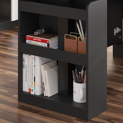 MOUMON Electric Standing Desk with Drawers and Shelves, Executive Adjustable Height Stand Up Desk, L-Shaped Design, 63 inch Tabletop, for Office Deep Brown and Black 63”W x 63”D x 28.9-45.3”H - color: Deep Brown and Black, size: 63”W x 63”D x 28.9-45.3”H