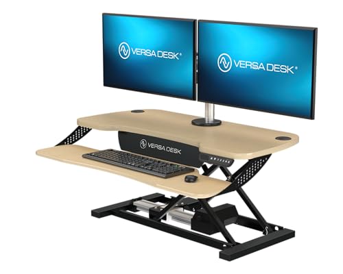 VERSADESK PowerPro Elite 36” x 24" – App Controlled Electric Standing Desk Converter w/USB Charging Port. Raises up to 20”. Fully Assembled – Includes LED Lights. Supports 80 lbs. – Maple - color: Maple, size: 36" Wide