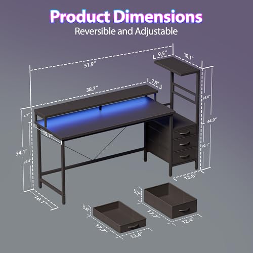 Mericonia 52 inch Gaming Desk with Drawers, Reversible Computer Desk, Black - color: Black, size: 52*20