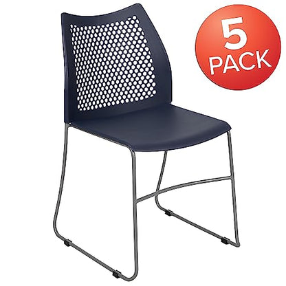 Flash Furniture Hercules Series Contoured Lobby Chairs with Air-Vent Honeycomb Backs, Ergonomic Stacking Chairs for Offices, Set of 5, Navy | Sled Base, Powder Coated, 661 LBS. Weight Capacity - color: Navy, size: Set of 5