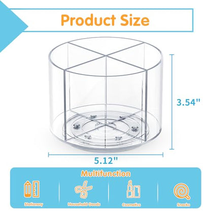Mefirt Acrylic Pen Holder, 360 Degree Marker Organizer for Desk, Rotating Desk Storage With 4 Compartments, Art Supply Crayon Holder for Office School Home, Clear - style: Clear-Medium