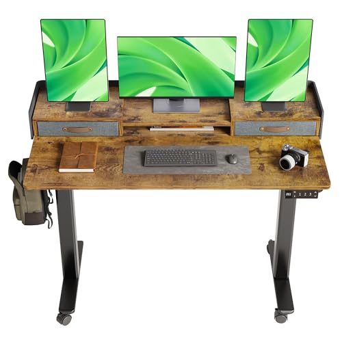 Claiks Standing Desk with Drawers & Wheels, 2 Height Shelf 55" Rustic Brown - color: Rustic Brown, size: 55.1×23.6