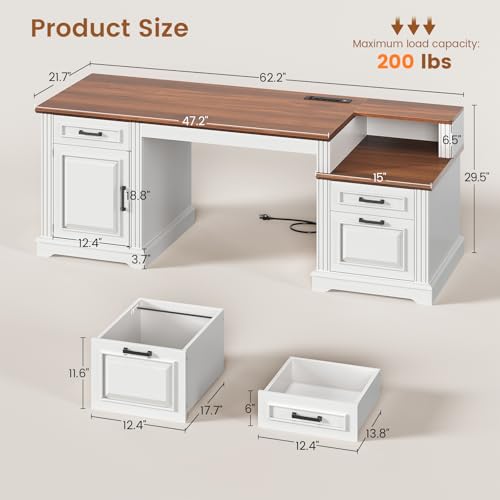 SEDETA Farmhouse Executive Desk, 62'' Home Office Desk with File Drawers, 3Drawer and Storage Cabinet, Computer Desk with Power Outlet for Home Office, Work Study Writing, White + Walnut - color: White + Walnut