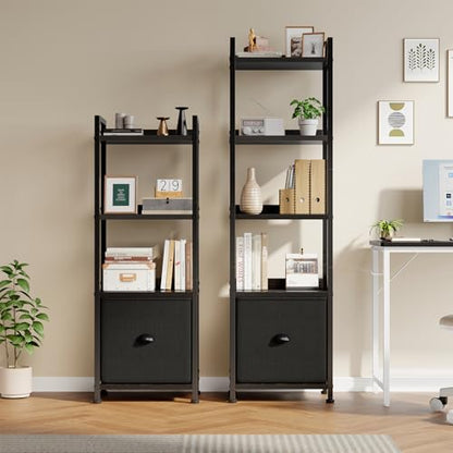 DUMOS 4 Tier Bookshelf with Fabric Drawer, Display Standing Shelf, Black - color: Modern Black, size: 4 Shelf with Fabric Drawer