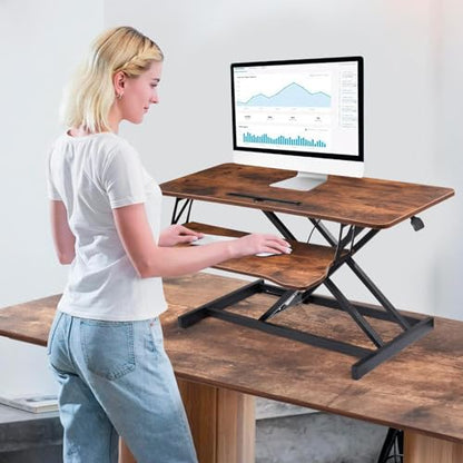 Standing Desk Converter 38 Inch, Height Adjustable Sit to Stand Workstation, Dual Monitor and Laptop Riser with Wide Keyboard Tray, Ergonomic Desk Topper for Home Office School, Brown - color: Tiger Brown