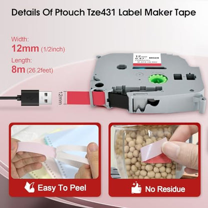 Compatible with Brother P Touch Red Tape TZe431 Black on Red 12mm 0.47 | TZe-431 Laminated Labels 12mm 0.47 Inch Replacement for Brother PTD210 PTD600 PTH100, 1/2 in x 26.2 Ft, 2-Pack - color: Black on Red, size: 12mm x 8m