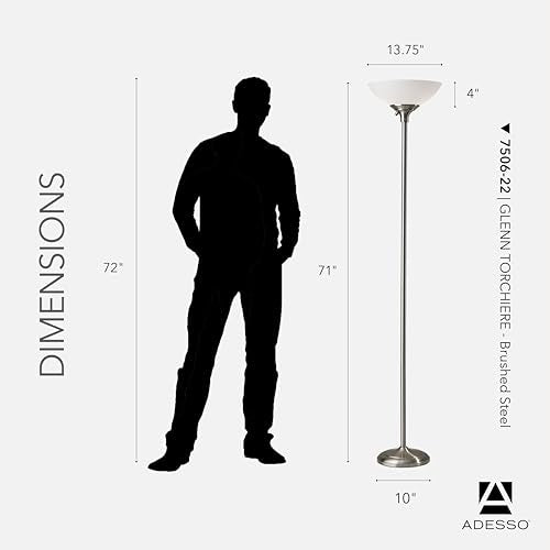 Adesso Dual-Socket Floor Lamp, Brushed Steel & White, 3-Way, 71” - color: Brushed Steel