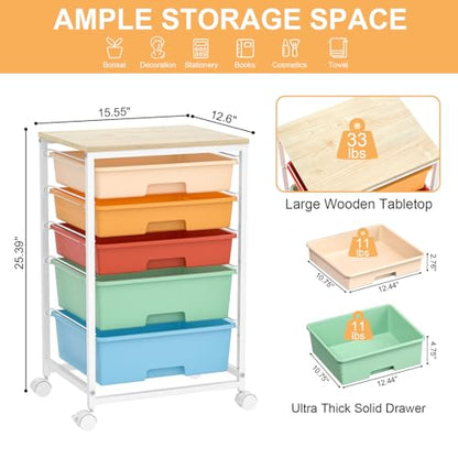SYKIARIOL Utility Cart with Drawers,5 Drawers Storage Cart,Macaron - color: Macaron