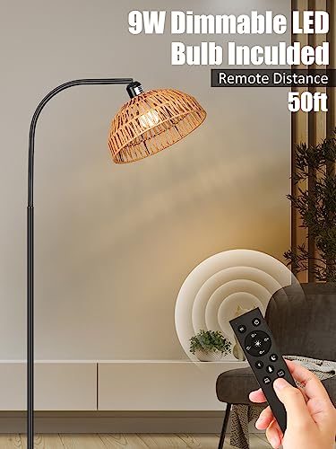 Brilvibera Boho Standing Lamp with Remote Control and Dimmable Bulb | Hand-Worked Adjustable Rattan Shades, Black Farmhouse Tall Lamp, Boho Arc Floor Lamps for Living Room, Bedroom, Office - style: Rattan Standing Lamp Black