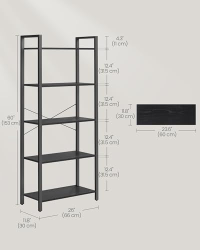 VASAGLE 5-Tier Bookshelf, Bookcase with Steel Frame, Book Shelf for Living Room, Home Office, Study, 11.8 x 26 x 60.2 Inches, Industrial Style, Ebony Black and Ink Black ULLS061B56 - color: Ebony Black + Ink Black, size: 5 Tiers (11.8"D x 26"W), style: Wi