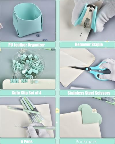 LXEVIHK Green Desk Accessories, 20Pc Office Supplies and 360°Pen Holder Desk Organizers, With Tape Dispenser, Stapler, Staple Remover, Ect, Let the Color Green Fill Your Desktop - color: Green