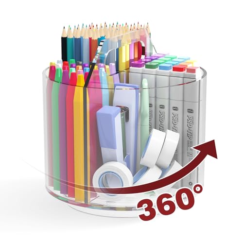 Pencil Holder for Kids, 360 Rotating Pen Holder for Desk Organizer and Storage, 4 Compartments Art Supply Marker Organizer, Acrylic Kids Desk Organizer for School Lazy Susan Organizer - color: Clear - Medium - Single - With Handle
