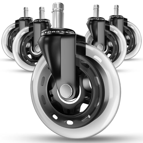 RIVEDA Office Chair Caster Wheels Set of 5 - Smooth 3 inch Heavy-Duty Replacement Rubber Wheels for Gaming & Desk Chair - Easy to Install, Suitable for Hardwood Floors, Carpet, Tiles (Clear) - color: Clear