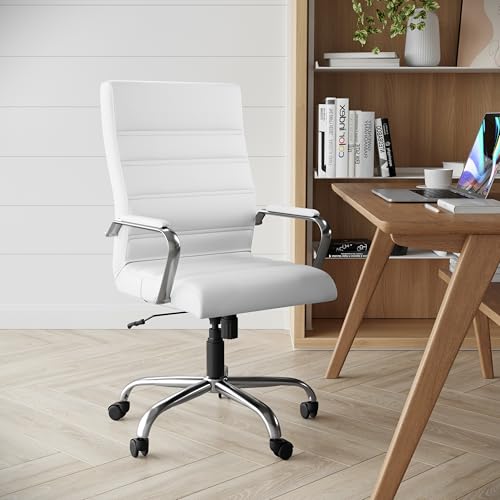 Flash Furniture Whitney High-Back Swivel LeatherSoft Desk Chair with Padded Seat and Armrests, Adjustable Height Padded Office Chair, White/Chrome | 360° Swivel, Height Adjustable, Commercial Grade - color: White Leathersoft/Chrome Frame