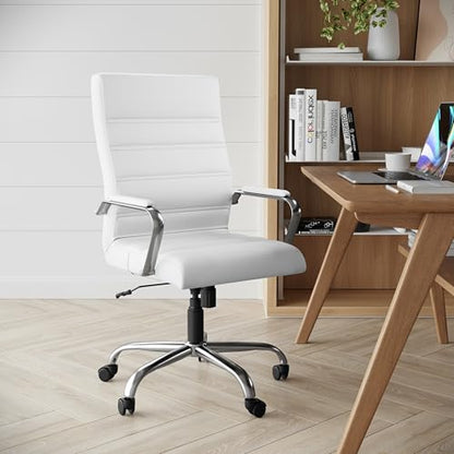 Flash Furniture Whitney High-Back Swivel LeatherSoft Desk Chair with Padded Seat and Armrests, Adjustable Height Padded Office Chair, White/Chrome | 360° Swivel, Height Adjustable, Commercial Grade - color: White Leathersoft/Chrome Frame
