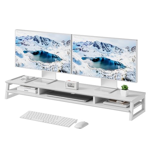 Dual Monitor Stand Riser for Desk, 41.7 Inch Large 2 Tier Computer Monitor Stand for 2 Monitors, Desktop Storage Organizer Shelf with Keyboard Space for Laptop PC Printer White - color: White