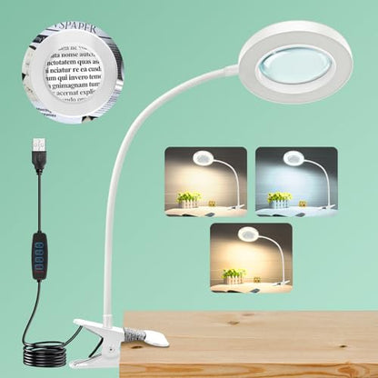 10X Magnifying Glass with Light and Stand,Hands Free Clip on Magnifier Lamp - color: White