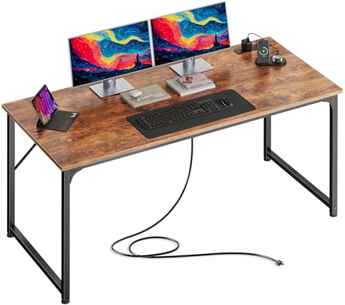 54 X 24 Inch Deeper Desk with Power Outlets | Large Computer Desk for Bedroom, Office Desk for Work from Home, Writing Study Gaming Table, Stable Metal Frame, Rustic Brown - color: Rustic Brown, size: 53.9*23.6 inch