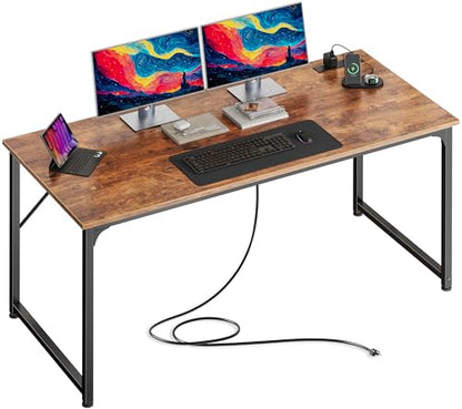 PRAISUN 54 X 24 Inch Deeper Desk with Power Outlets - color: Rustic Brown, size: 53.9*23.6 inch