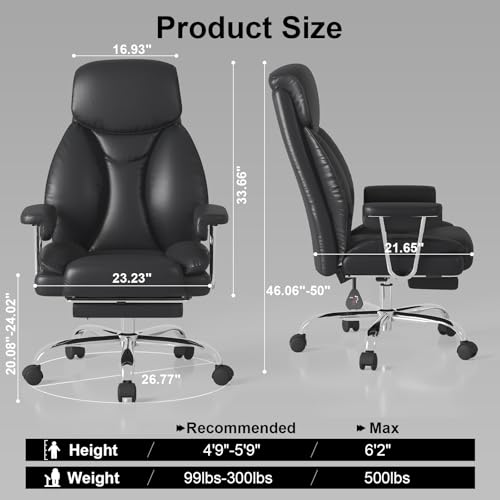 Big and Tall Office Chair, Executive Home Office Desk Chair, Comfy Leather High-Back Reclining Computer Chair with Retractable Footrest and Padded Arms, 360°Swivel Rolling Wheels, Wide Seat, Black - color: Black