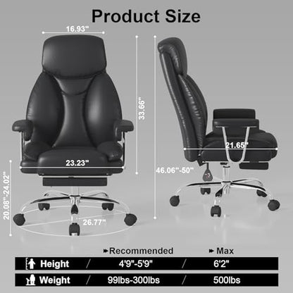 Big and Tall Office Chair, Executive Home Office Desk Chair, Comfy Leather High-Back Reclining Computer Chair with Retractable Footrest and Padded Arms, 360°Swivel Rolling Wheels, Wide Seat, Black - color: Black