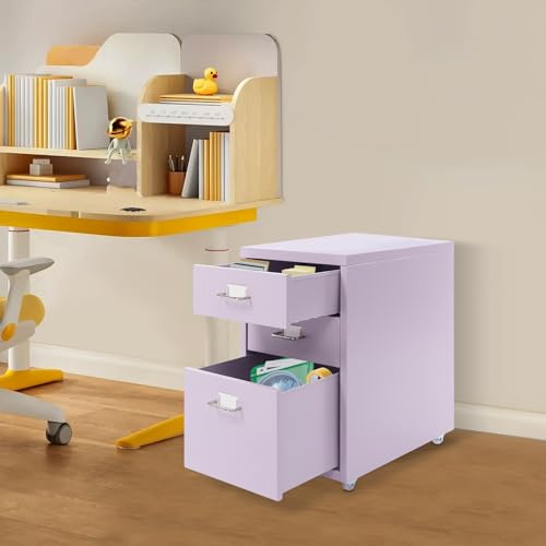 3 Drawers File Cabinet, 16*11*18.9In Aluminum Alloy Mobile Filing Cabinet Rolling Filing Cabinets Rectangular Storage Cabinets with Lock&4 Wheels for Kitchen Bedroom Living Room (Purple) - color: Purple