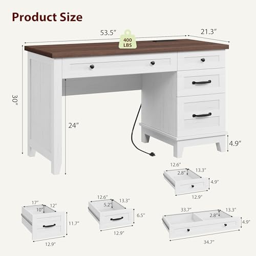 53.5" Executive Desk with Power Outlet, Home Office Desk with Drawers, Wooden Work Desk with File Cabinet, Computer Desk for Work, Study, Writing, White and Brown - color: White and Brown