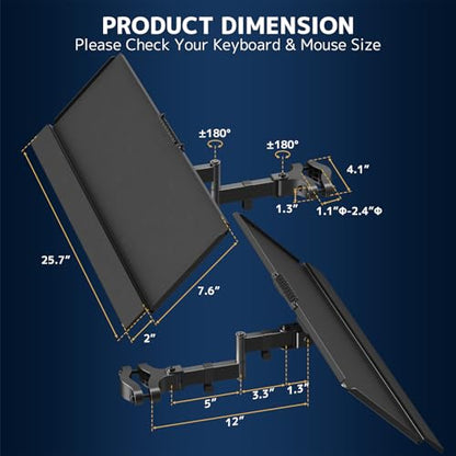 Pole Mount Keyboard Tray - Universal 26 Inch Platform for Keyboard and Mouse, Fits 1.1”–2.4” Poles, Rotation & Tilt Ergonomic Steel Mount Platform with Cable Management, Black