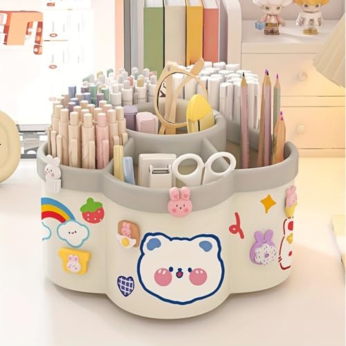 Desk Pencil Pen Holder - 5 Slot 360 Degree Rotating Desk Pen Organizer for Desktop Storage Stationery Supplies Cup Pot-White - color: White
