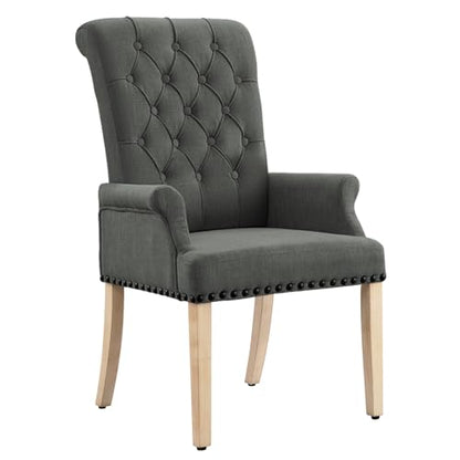 LOULENS Linen Dining Chair with Arms, Tufted Dining Room Chairs, Dark Grey | Solid Wood Legs, Nailhead Trim, Accent Chair, Kitchen Chair - color: Dark Grey-a, size: 1 PCS