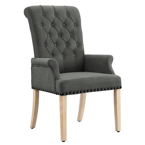 LOULENS Linen Dining Chair with Arms, Tufted Dining Room Chairs, Dark Grey | Solid Wood Legs, Nailhead Trim, Accent Chair, Kitchen Chair - color: Dark Grey-a, size: 1 PCS