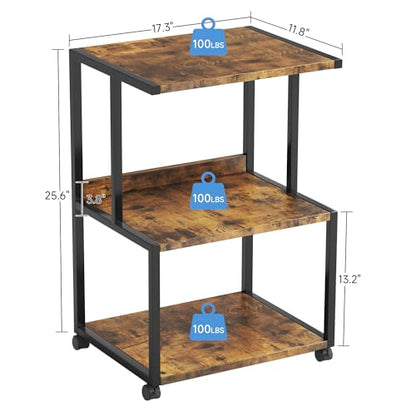 Mexin Printer Stand-Small 3 Tier Printer Table with Wheels, Industrial Rolling Printer Cart with Storage Shelf for Scanner Fax Home Office Use,17.5 x 11.8 Inches, Rustic Brown