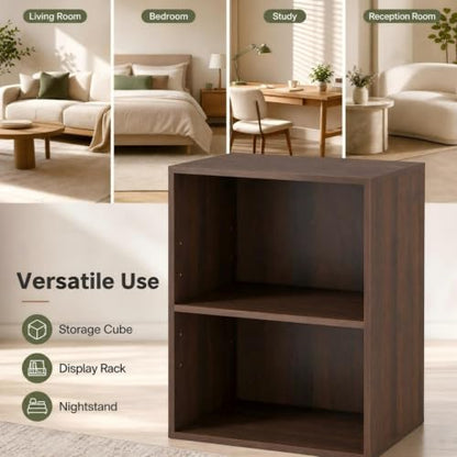GOFLAME 2 Cube Bookcase, 2-Tier Book Shelf with 5 Position Adjustable Shelf, Wooden Bookshelf, Modern, Small Freestanding Cubby Storage Organizer for Living Room, Home Office, Study (1, Dark Walnut)