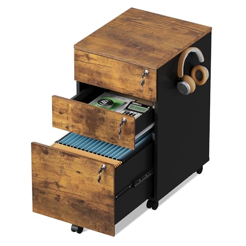 DEVAISE 3 Drawer Wood File Cabinet with Individual Locks, Rustic Brown - color: Rustic Brown