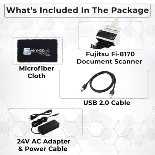 Fi-8170 Professional High Speed Color Duplex Document Scanner -1 Year Warranty, Network Enabled, Scanner High Volume with Power Adapter + USB 3.2 Cable + Microfiber Cloth Included