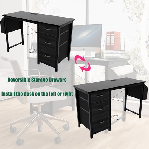 47.3" Office Desk with Power Outlet & 3 Drawers - Sturdy Reversible Frame, Side Pocket, Easy Assembly - Home/Office Computer Desk, Gaming Table, Vanity Table (Black + MDF+Metal + Modern) - color: Black + Mdf+metal + Modern