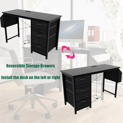 47.3" Office Desk with Power Outlet & 3 Drawers - Sturdy Reversible Frame, Side Pocket, Easy Assembly - Home/Office Computer Desk, Gaming Table, Vanity Table (Black + MDF+Metal + Modern) - color: Black + Mdf+metal + Modern