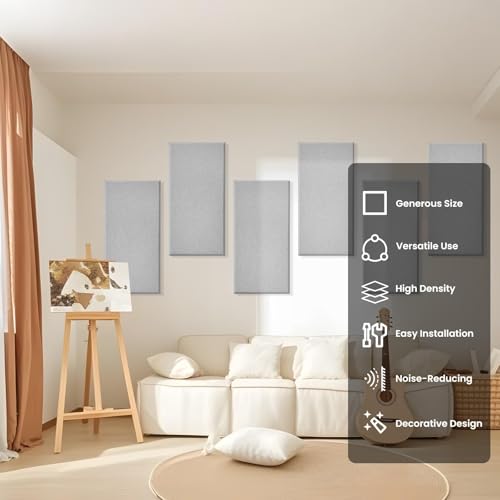 6pcs Fiberglass Acoustic Panels, 23.6" x 11.8" x 2" Thick Sound Proofing Foam Wall Panels, Self-Adhesive High Density Sound Dampening Panels for Studio, Home Theater & Office, Noise Canceling - color: Gray