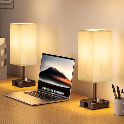 Brown Bedside Table Lamps Set of 2 - Dimmable, USB C+A, 2 AC Outlets | Stepless Dimmable by Rotary Knob, 3000K LED Bulbs Included, Square Cream Linen Shade, Nightstand Lamp for Living Room, Desk - color: Brown