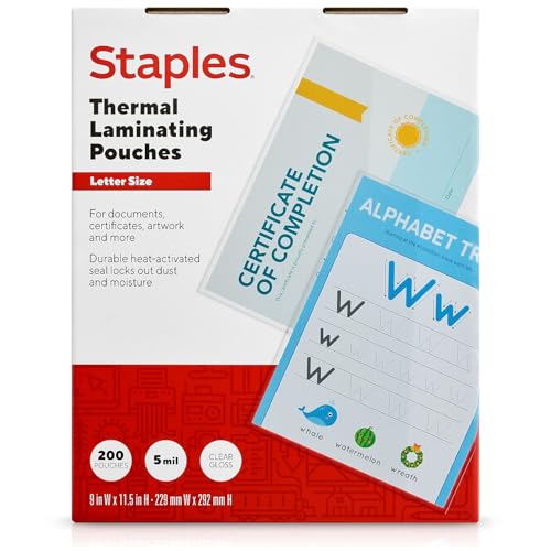Staples Thermal Laminating Pouches, Letter Size, 9 x 11.5 Inches, 5 Mil, 200/Pack, for Heavy-Duty Document Protection - size: 5 Mil, style: 200 Pack