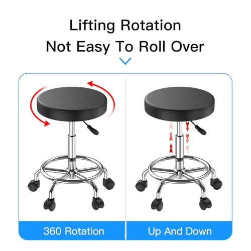 Rolling Stool Adjustable Height 360° Swivel PU Seat with Wheels - color: Black Backless