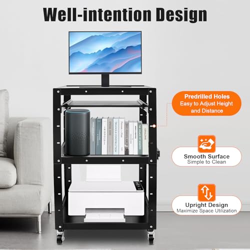 AV Cart with Wheels and Power, Mobile Computer Cart Workstation | 4 Tier Storage, Locking Wheels, Power Outlet & USB Ports,Steel Utility Cart for Office Classroom Warehouse - size: 24x18x42in