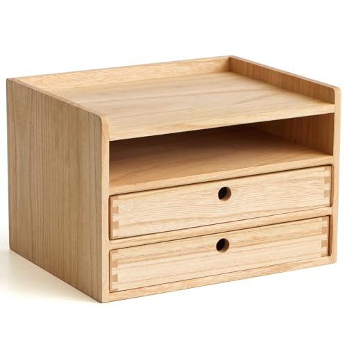 KIRIGEN Wooden Desk Organizer with 2 Drawers and Top Tray, Natural 3D2C-NA | Three-Tier Desktop Storage Cabinet Stores Papers, Office Supplies, Cosmetics, Crafts, and Small Accessories for Home Office - color: Natural, size: 3 layer-2 drawers