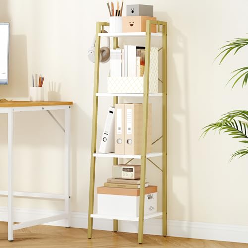 Hzuaneri Ladder Shelf, Bookshelf, Freestanding Corner Storage Shelf | Bookcase with 2 Hooks for Office, Living Room, Kitchen, Bedroom, Industrial, 11.8"D x 13.4"W x 47.2"H, White Gold BC13213G - color: White Gold, size: 11.8"D x 13.4"W x 47.2"H